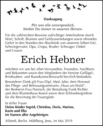 Traueranzeige von Erich Hebner von Mitteldeutsche Zeitung Sangerhausen