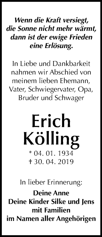 Traueranzeige von Erich Kölling von Mitteldeutsche Zeitung Dessau-Roßlau