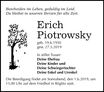 Traueranzeige von Erich Piotrowsky von Mitteldeutsche Zeitung Merseburg/Querfurt