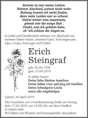 Traueranzeige von Erich Steingraf von Super Sonntag Merseburg