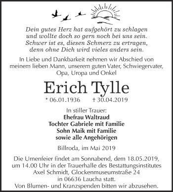 Traueranzeige von Erich Tylle von WVG - Wochenspiegel NMB / WSF / ZTZ