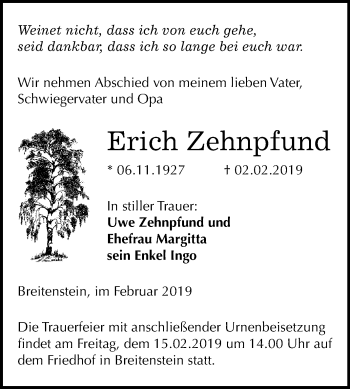 Traueranzeige von Erich Zehnpfund von Mitteldeutsche Zeitung Sangerhausen