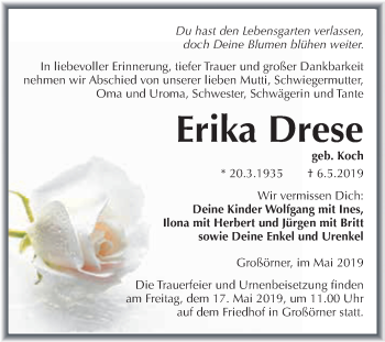 Traueranzeige von Erika Drese von Super Sonntag SGH Mansf. Land