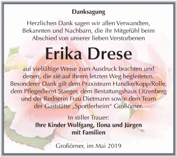 Traueranzeige von Erika Drese von Super Sonntag SGH Mansf. Land
