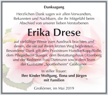 Traueranzeige von Erika Drese von Mitteldeutsche Zeitung Mansfelder Land