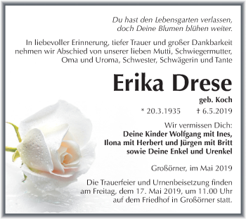 Traueranzeige von Erika Drese von Mitteldeutsche Zeitung Mansfelder Land