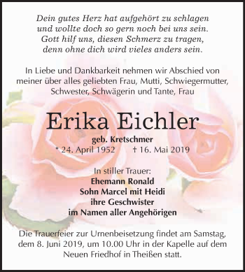 Traueranzeige von Erika Eichler von WVG - Wochenspiegel NMB / WSF / ZTZ