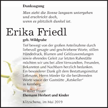 Traueranzeige von Erika Friedl von WVG - Wochenspiegel Wittenberg