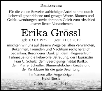 Traueranzeige von Erika Grössl von Mitteldeutsche Zeitung