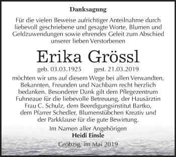 Traueranzeige von Erika Grössl von WVG - Wochenspiegel Dessau / Köthen