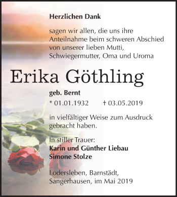 Traueranzeige von Erika Göthling von WVG - Wochenspiegel Merseburg