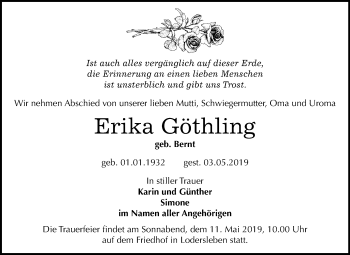 Traueranzeige von Erika Göthling von Mitteldeutsche Zeitung Merseburg/Querfurt
