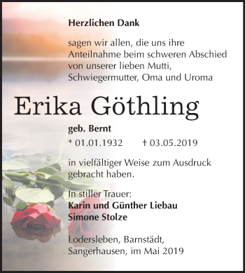 Traueranzeige von Erika Göthling von Mitteldeutsche Zeitung