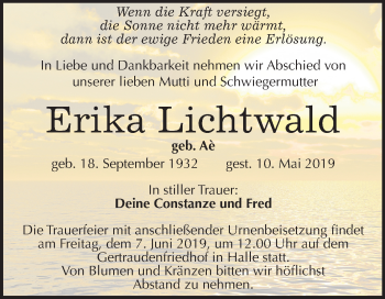 Traueranzeige von Erika Lichtwald von Mitteldeutsche Zeitung
