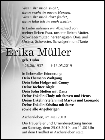 Traueranzeige von Erika Müller von Mitteldeutsche Zeitung Aschersleben