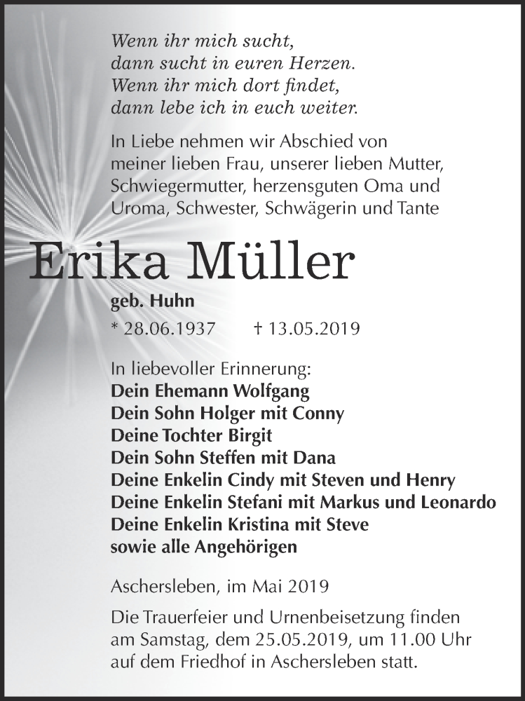  Traueranzeige für Erika Müller vom 13.05.2019 aus Super Sonntag Aschersleben