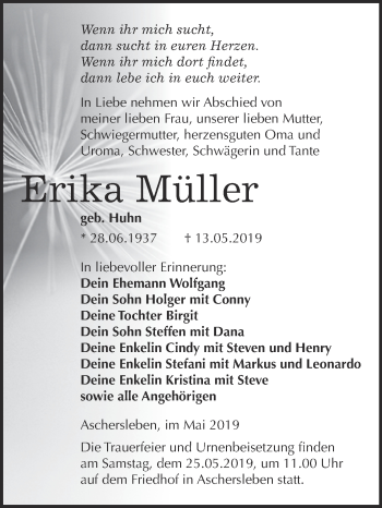 Traueranzeige von Erika Müller von Super Sonntag Aschersleben