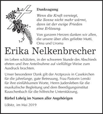 Traueranzeige von Erika Nelkenbrecher von WVG - Wochenspiegel NMB / WSF / ZTZ