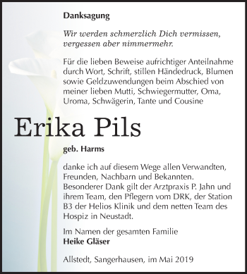 Traueranzeige von Erika Pils von Mitteldeutsche Zeitung Sangerhausen
