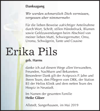 Traueranzeige von Erika Pils von Super Sonntag SGH Mansf. Land