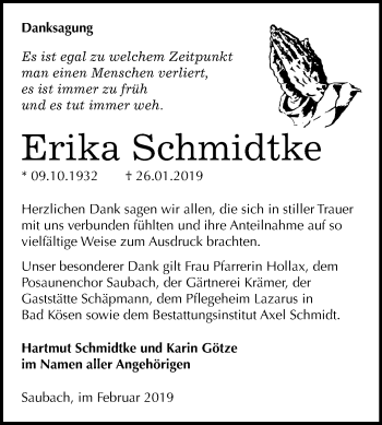 Traueranzeige von Erika Schmidtke von Mitteldeutsche Zeitung