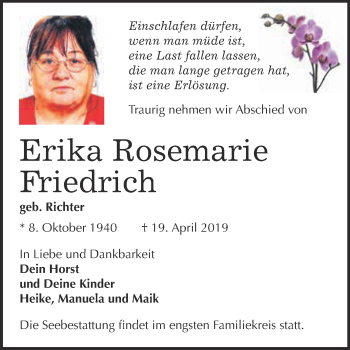 Traueranzeige von Erika Rosemarie  Friedrich von WVG - Wochenspiegel Bitterfeld