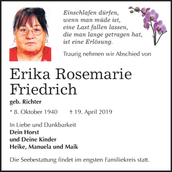 Traueranzeige von Erika Rosemarie  Friedrich von Mitteldeutsche Zeitung Bitterfeld