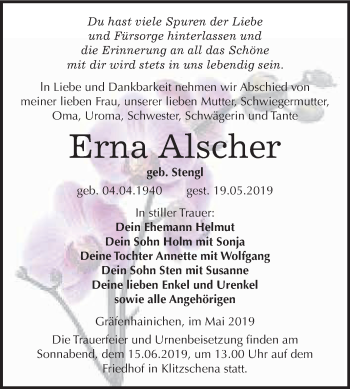 Traueranzeige von Erna Alscher von WVG - Wochenspiegel Wittenberg