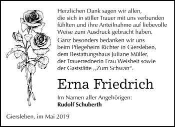 Traueranzeige von Erna Friedrich von Mitteldeutsche Zeitung