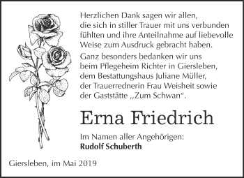 Traueranzeige von Erna Friedrich von Super Sonntag Aschersleben
