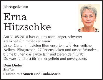 Traueranzeige von Erna Hitzschke von Mitteldeutsche Zeitung Sangerhausen