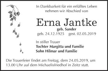 Traueranzeige von Erna Jantke von Super Sonntag Bernburg