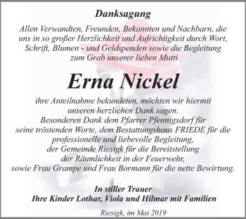 Traueranzeige von Erna Nickel von WVG - Wochenspiegel Wittenberg