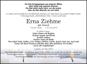 Traueranzeige von Erna Ziehure von Mitteldeutsche Zeitung