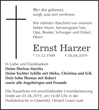 Traueranzeige von Ernst Harzer von WVG - Wochenspiegel NMB / WSF / ZTZ