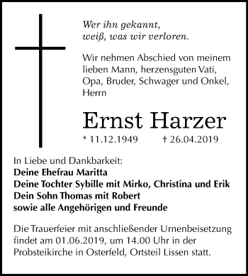 Traueranzeige von Ernst Harzer von Mitteldeutsche Zeitung