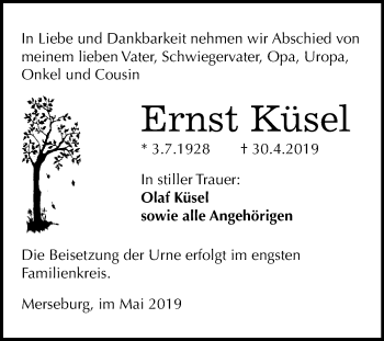 Traueranzeige von Ernst Küsel von WVG - Wochenspiegel Merseburg