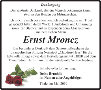 Traueranzeige von Ernst Mroncz von Mitteldeutsche Zeitung Quedlinburg