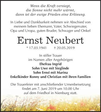 Traueranzeige von Ernst Neubert von Super Sonntag Bernburg