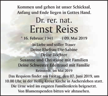 Traueranzeige von Ernst Reiss von WVG - Wochenspiegel Quedlinburg