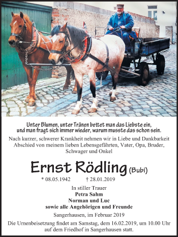 Traueranzeige von Ernst Rödling von Mitteldeutsche Zeitung Sangerhausen