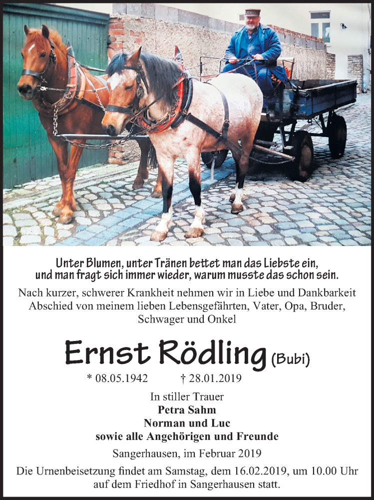  Traueranzeige für Ernst Rödling vom 09.02.2019 aus Mitteldeutsche Zeitung Sangerhausen