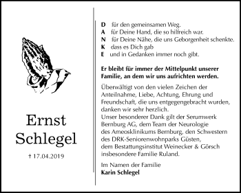 Traueranzeige von Ernst Schlegel von Mitteldeutsche Zeitung