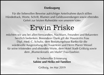Traueranzeige von Erwin Friske von Mitteldeutsche Zeitung Köthen