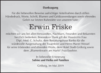 Traueranzeige von Erwin Friske von WVG - Wochenspiegel Dessau / Köthen