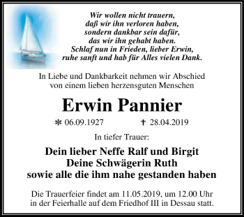 Traueranzeige von Erwin Pannier von WVG - Wochenspiegel Dessau / Köthen