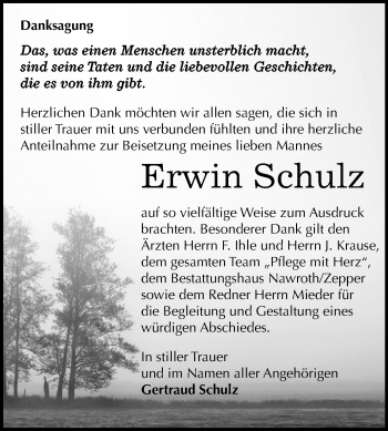 Traueranzeige von Erwin Schulz von Mitteldeutsche Zeitung Bitterfeld