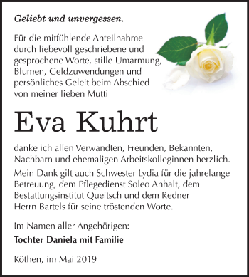 Traueranzeige von Eva Kuhrt von Mitteldeutsche Zeitung