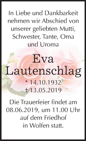 Traueranzeige von Eva Lautenschlag von Mitteldeutsche Zeitung