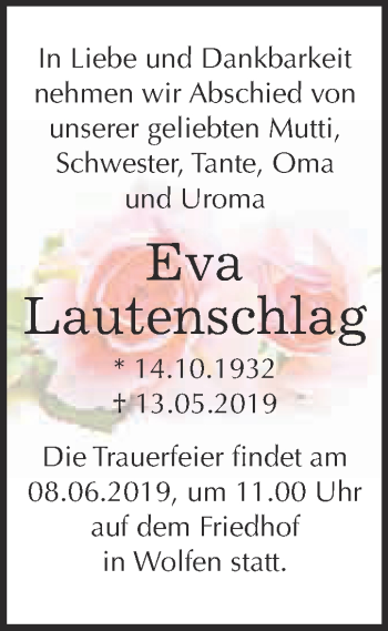Traueranzeige von Eva Lautenschlag von WVG - Wochenspiegel Bitterfeld